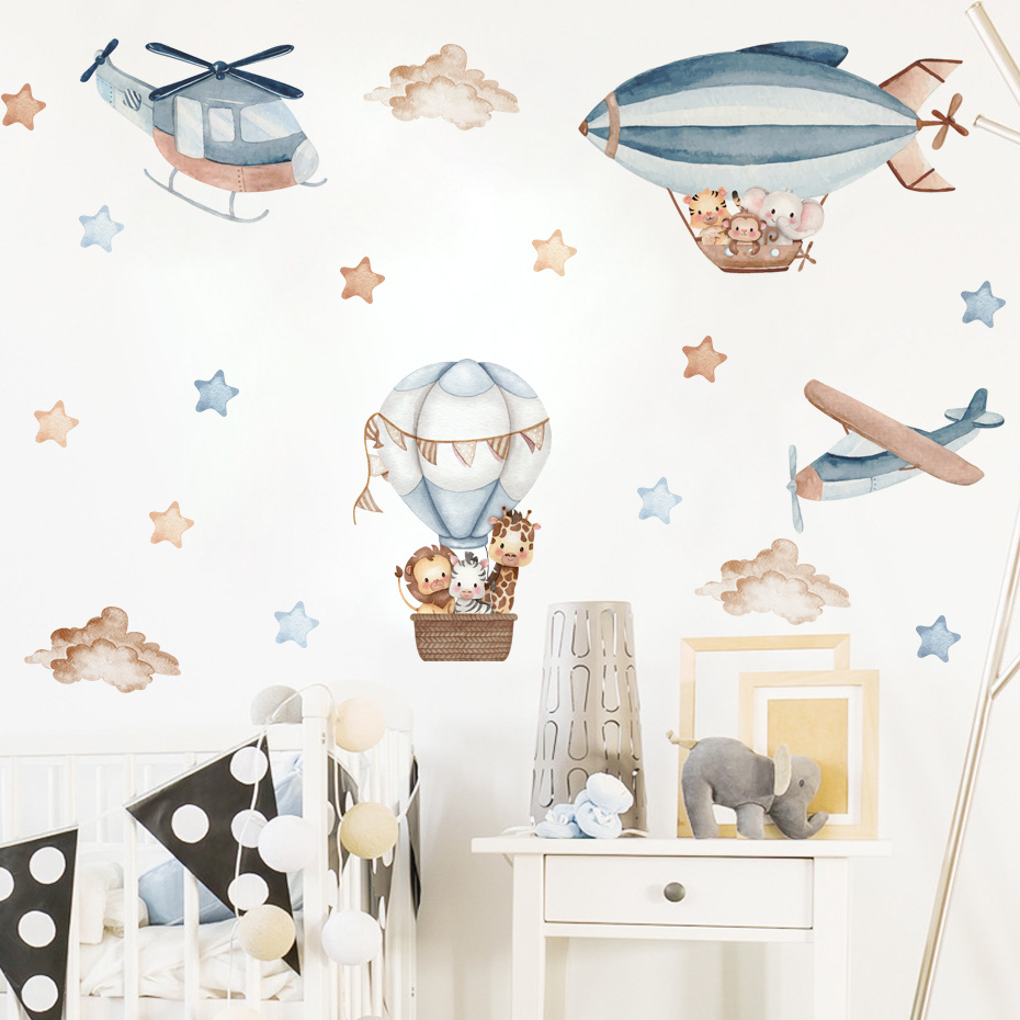 水彩動物熱気球雲ウォールステッカーキッズルームベビー保育園ル - Baby Nursery Set Furniture のレビューと価格