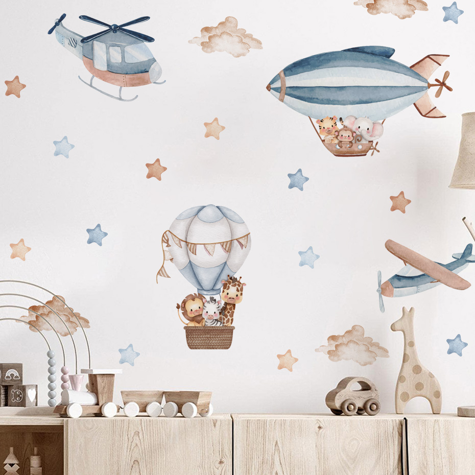 水彩動物熱気球雲ウォールステッカーキッズルームベビー保育園ル - Baby Nursery Set Furniture のレビューと価格