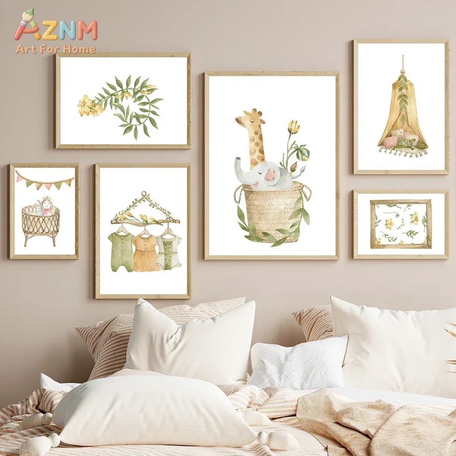 AZNM 水彩画 ジャングルアニマル キャンバス ウォールア - Baby Nursery Plants のレビューと価格