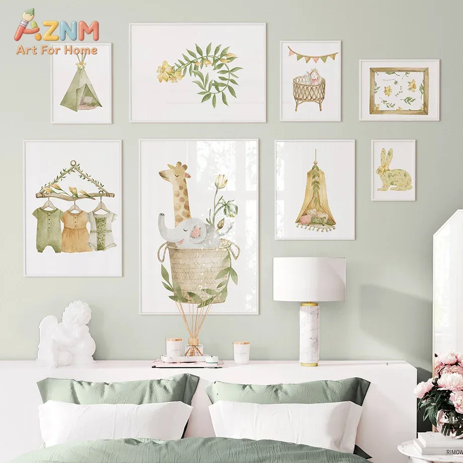 AZNM 水彩画 ジャングルアニマル キャンバス ウォールア - Baby Nursery Plants のレビューと価格