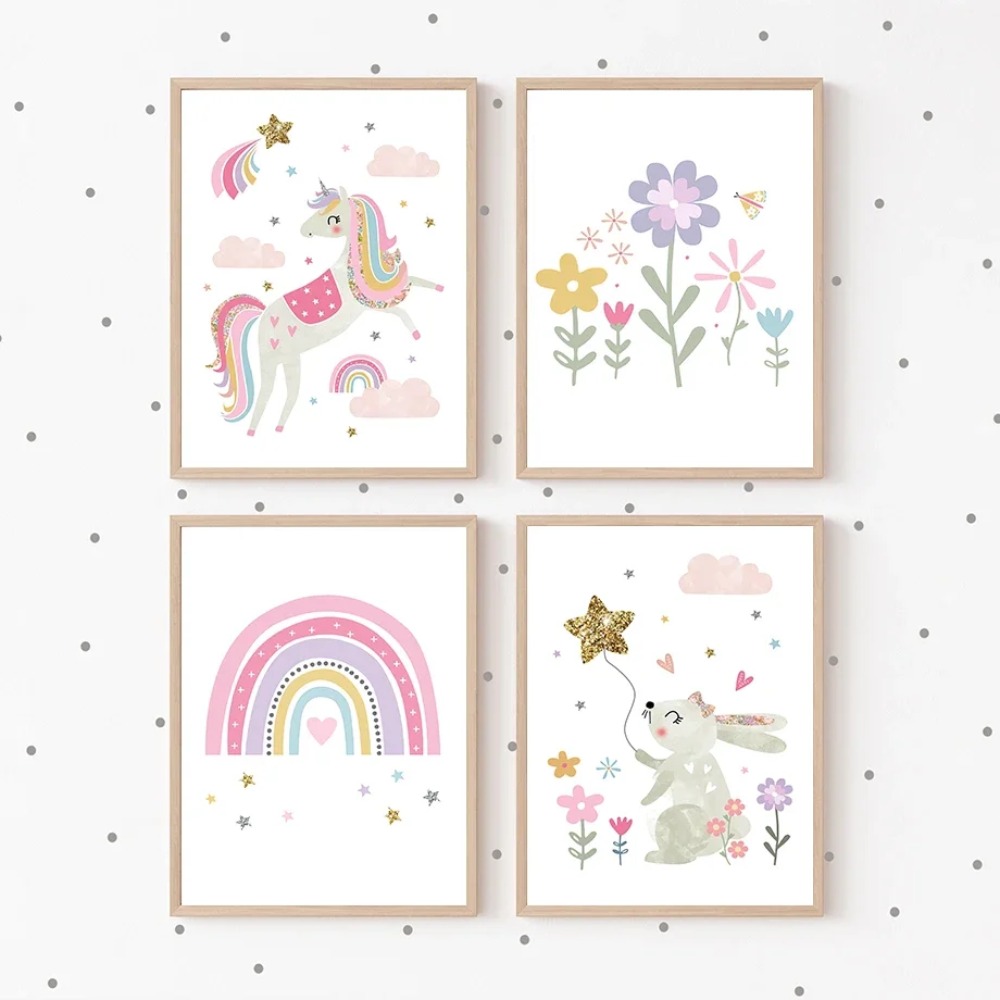 ピンクのユニコーンウサギ虹雲花保育園壁アートキャンバス絵画ポ - Baby Unicorn Nursery のレビューと価格