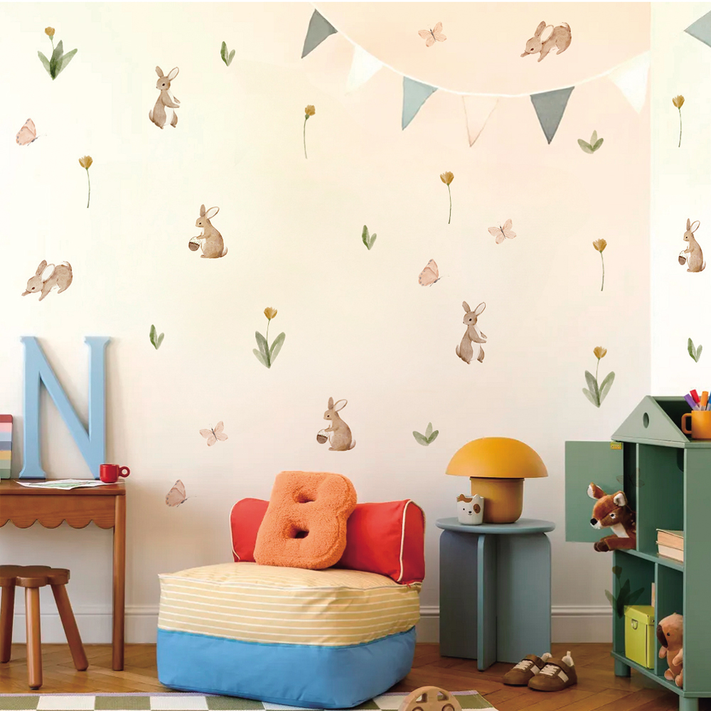 サマータイム水彩かわいいウサギと花保育園壁デカール、剥がして - Baby Nursery Stickers のレビューと価格