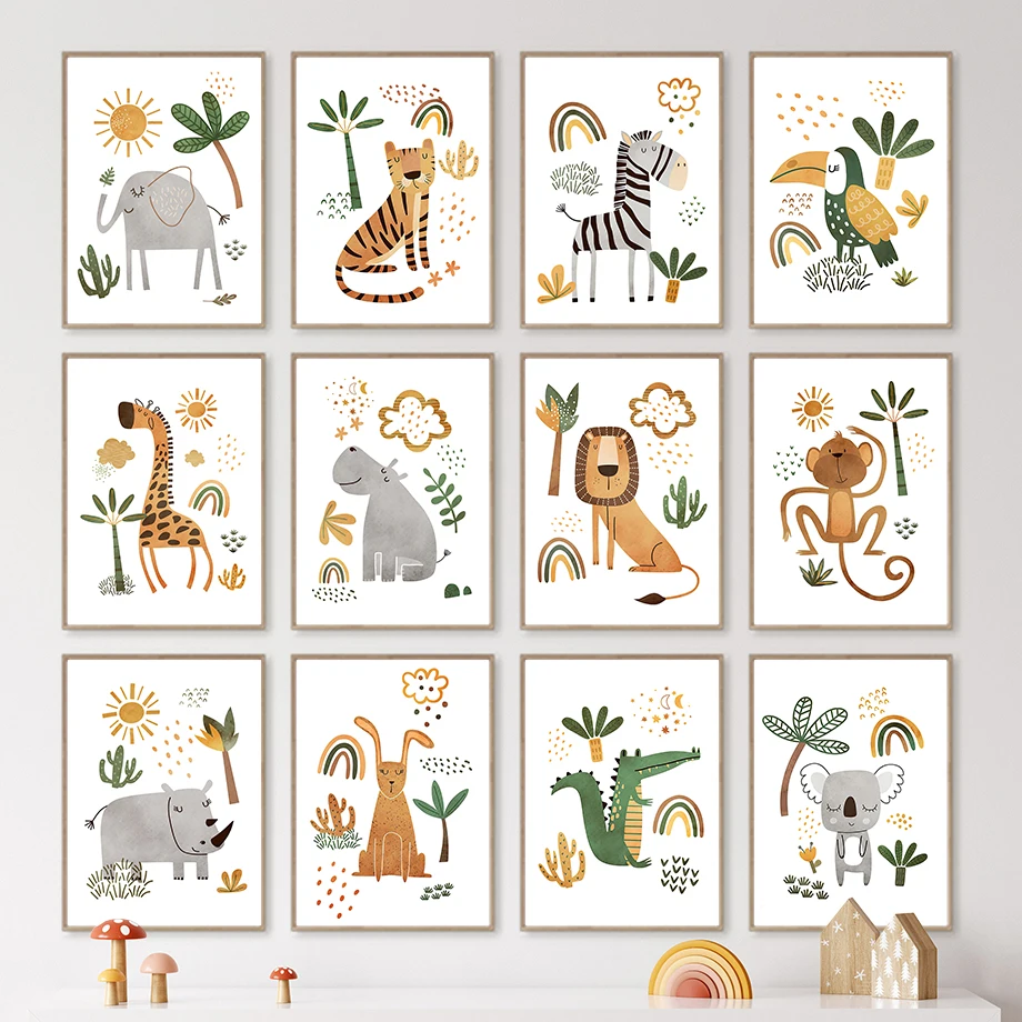 キリン象虎シマウマオオハシジャングル動物壁アートキャンバス絵 - Baby Nursery Plants のレビューと価格