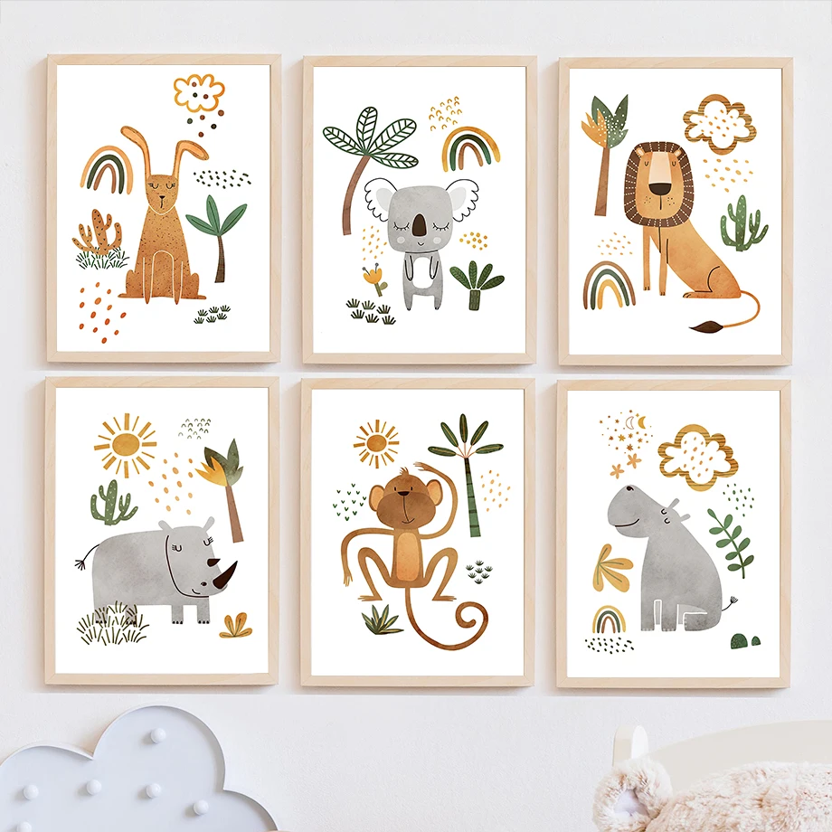 キリン象虎シマウマオオハシジャングル動物壁アートキャンバス絵 - Baby Nursery Plants のレビューと価格