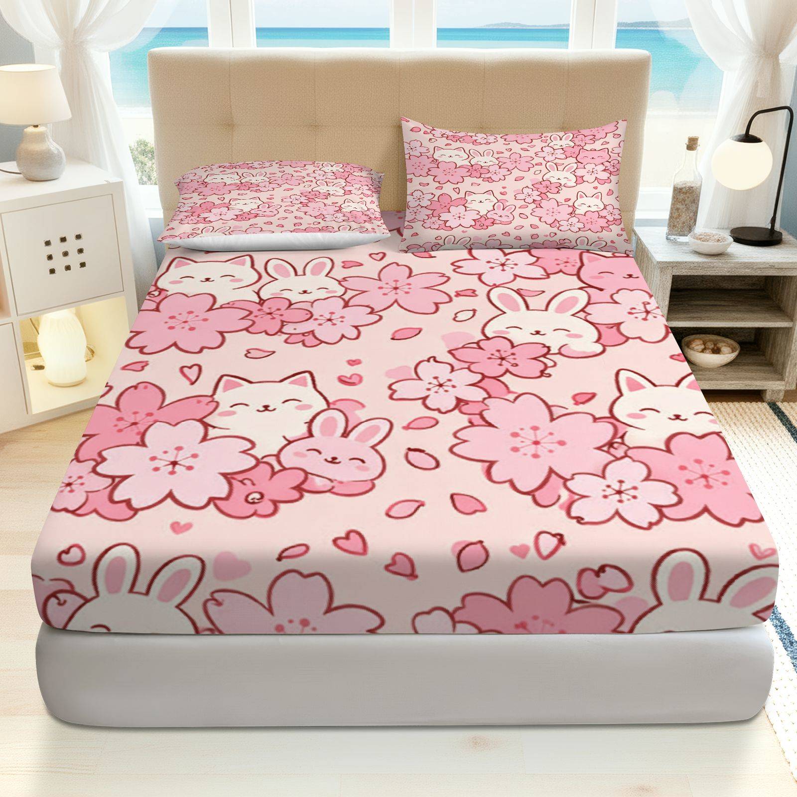 さくらうさぎの猫柄寝具セット、通気性のあるポリエステル素材（ - Baby Nursery Home のレビューと価格