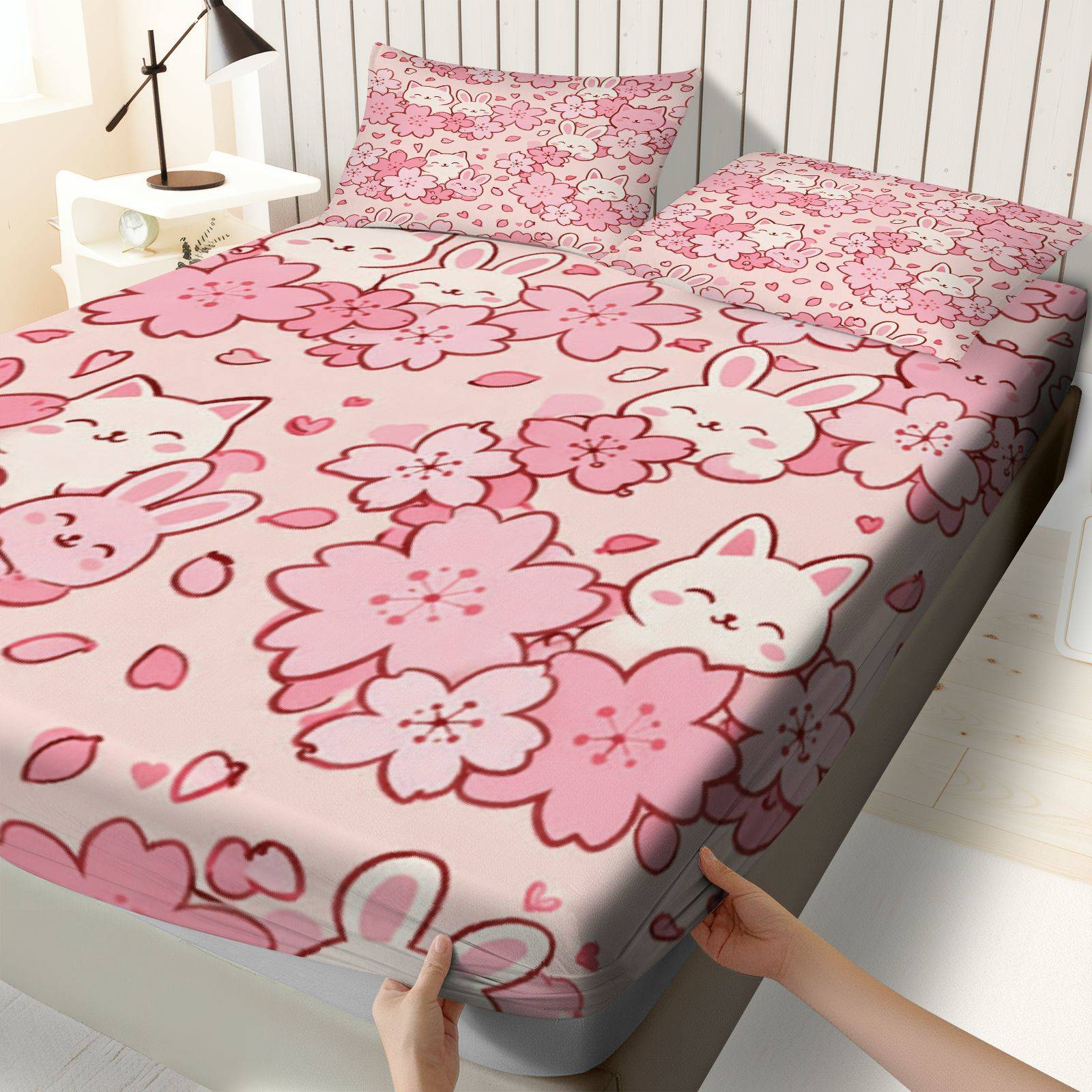 さくらうさぎの猫柄寝具セット、通気性のあるポリエステル素材（ - Baby Nursery Home のレビューと価格