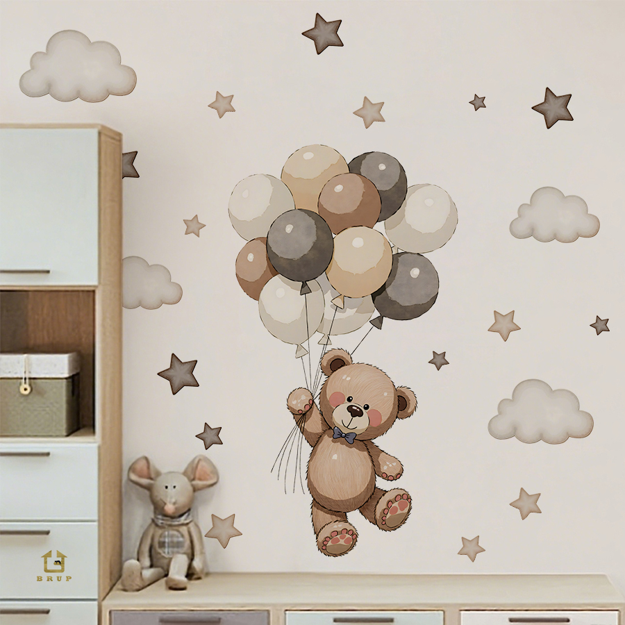 愛らしいテディベアの壁用ステッカー、風船、星、雲付きの取り外 - Baby Nursery Stickers のレビューと価格