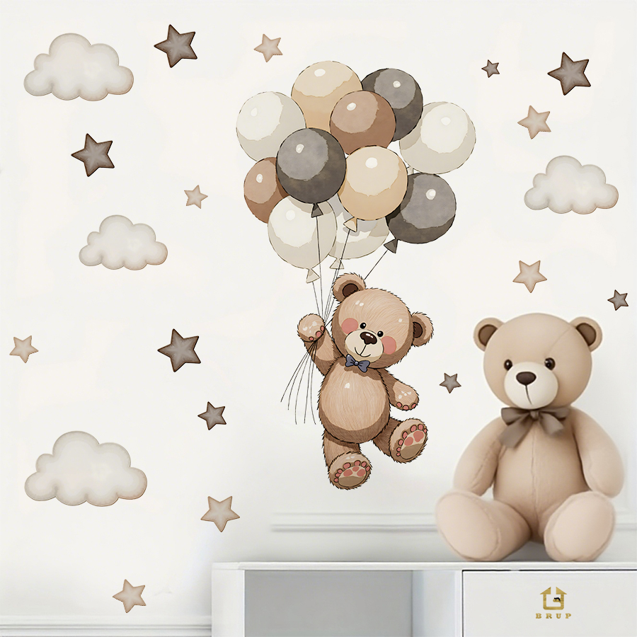 愛らしいテディベアの壁用ステッカー、風船、星、雲付きの取り外 - Baby Nursery Stickers のレビューと価格