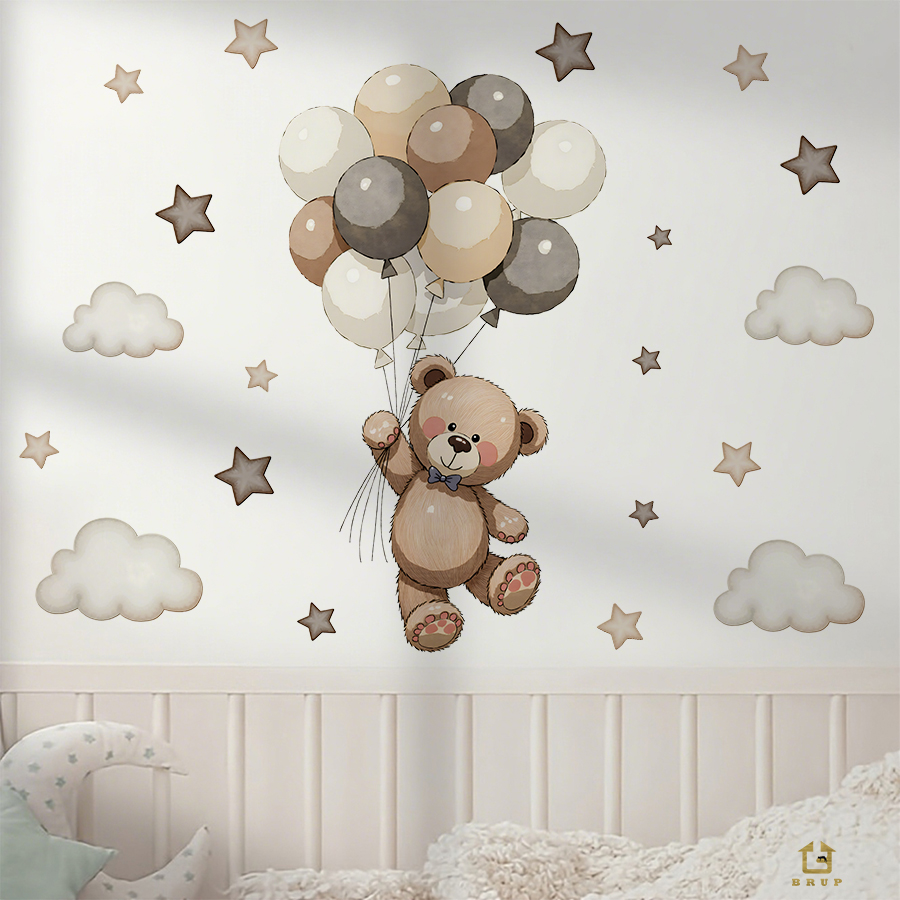 愛らしいテディベアの壁用ステッカー、風船、星、雲付きの取り外 - Baby Nursery Stickers のレビューと価格