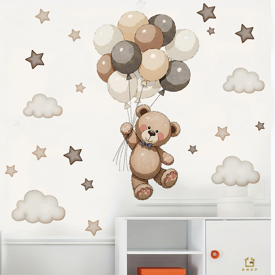 愛らしいテディベアの壁用ステッカー、風船、星、雲付きの取り外 - Baby Nursery Stickers のレビューと価格