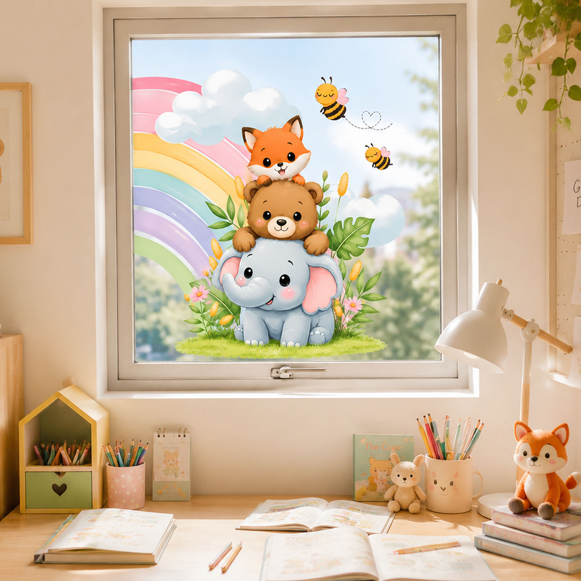 かわいい象、クマ、キツネのウィンドウフィルム、積み重ね可能な - Baby Nursery Stickers のレビューと価格