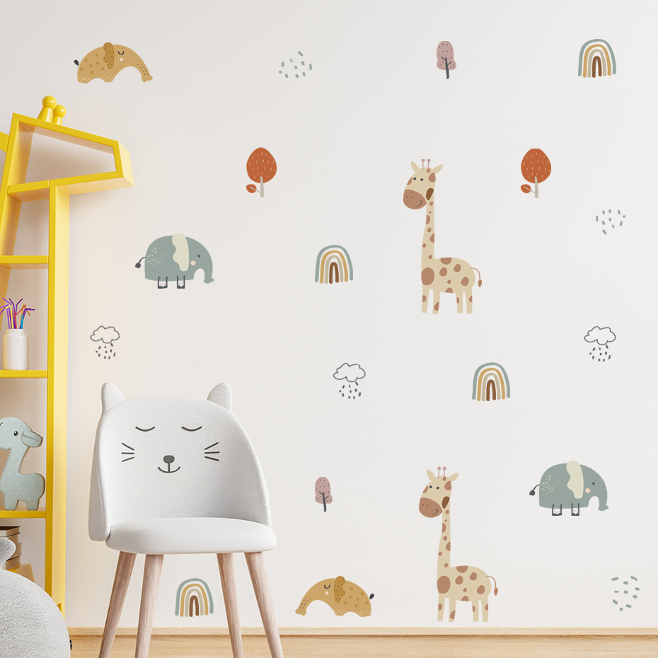 漫画キリン象動物ウォールステッカーレインボーツリーウォールス - Baby Nursery Plants のレビューと価格