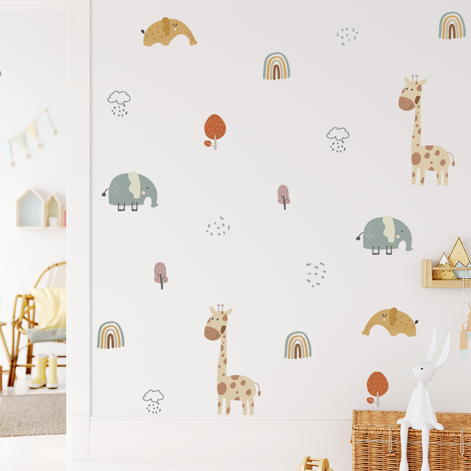 漫画キリン象動物ウォールステッカーレインボーツリーウォールス - Baby Nursery Plants のレビューと価格