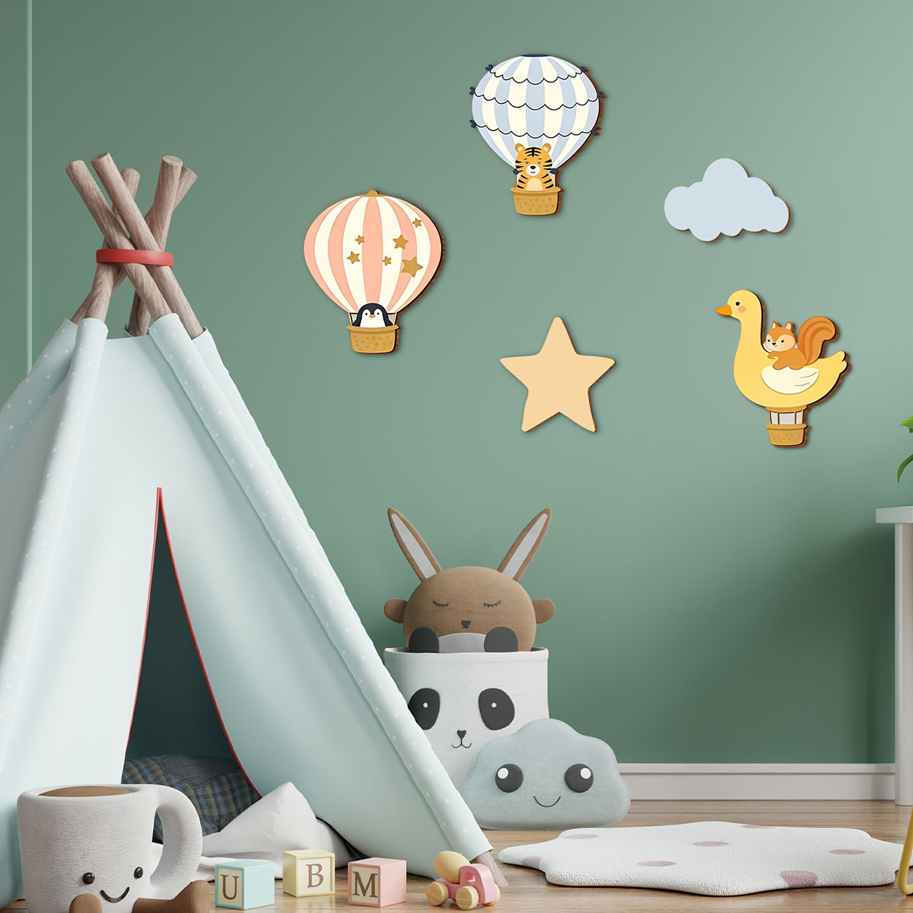 5 個の動物熱気球木製ウォールステッカー保育園子供部屋の装飾 - Baby Nursery Stickers のレビューと価格