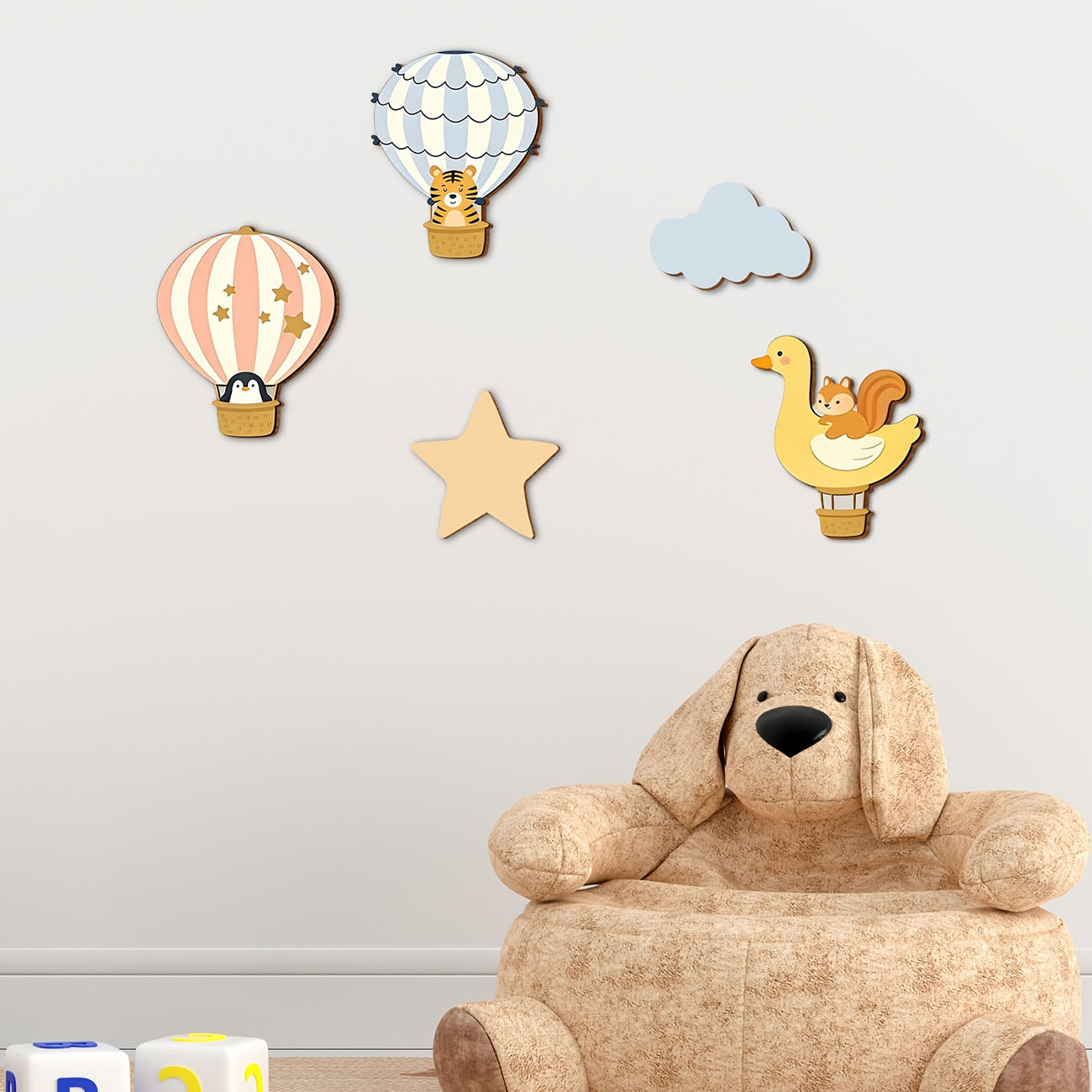 5 個の動物熱気球木製ウォールステッカー保育園子供部屋の装飾 - Baby Nursery Stickers のレビューと価格