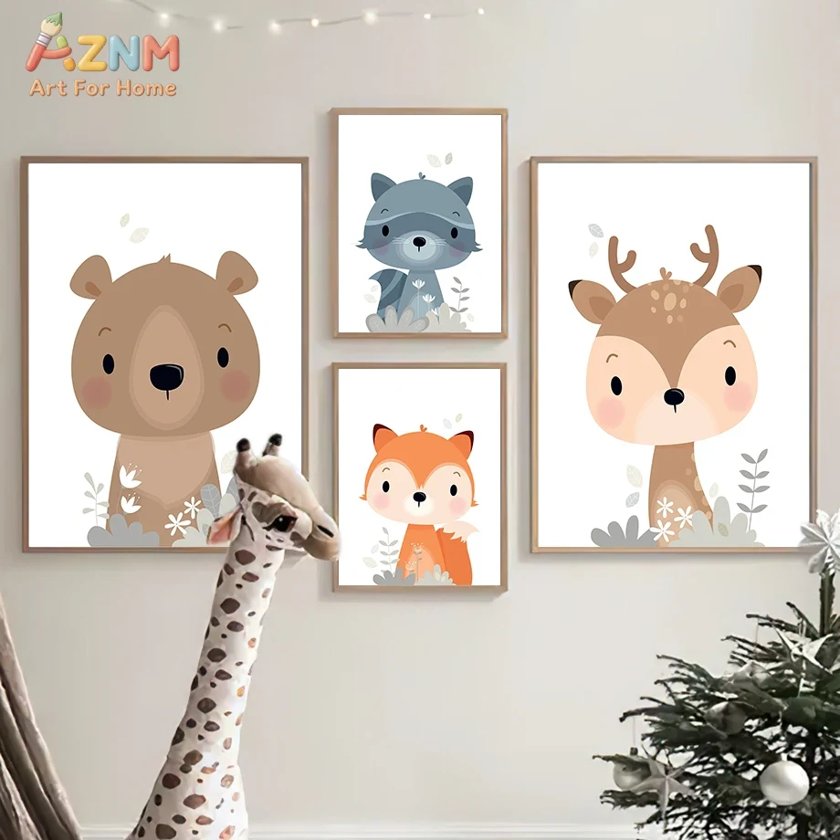 AZNM かわいい森林動物キャンバスウォールアート、ミニマル - Baby Nursery Plants のレビューと価格