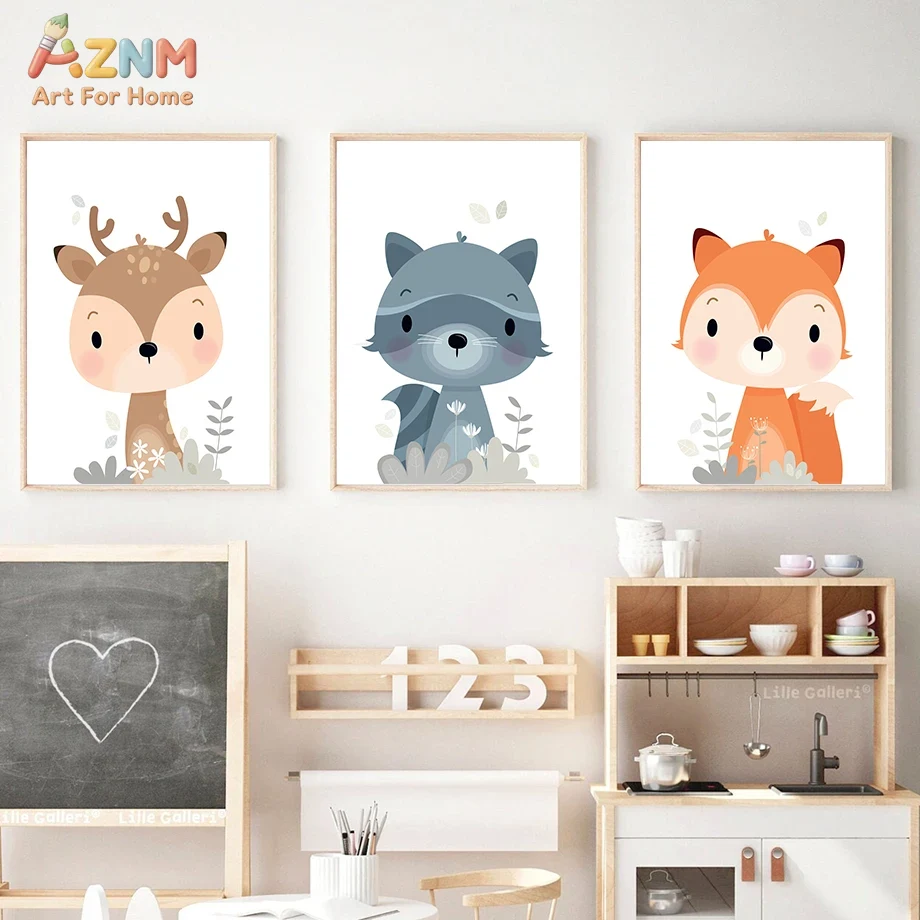 AZNM かわいい森林動物キャンバスウォールアート、ミニマル - Baby Nursery Plants のレビューと価格